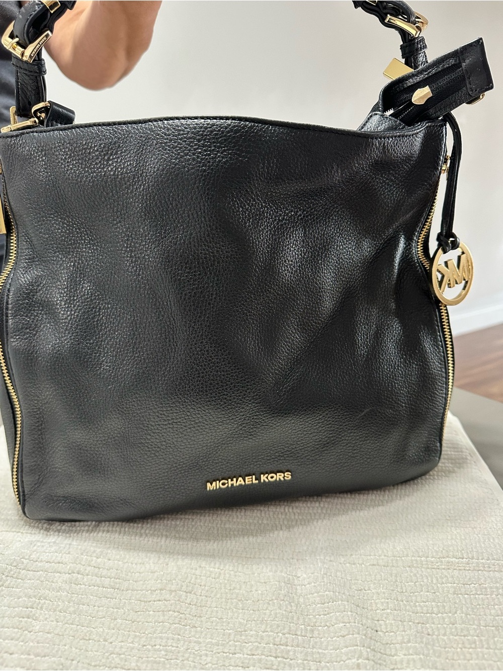Michael Kors Black Leather Shoulder Hobo with Gold Accents